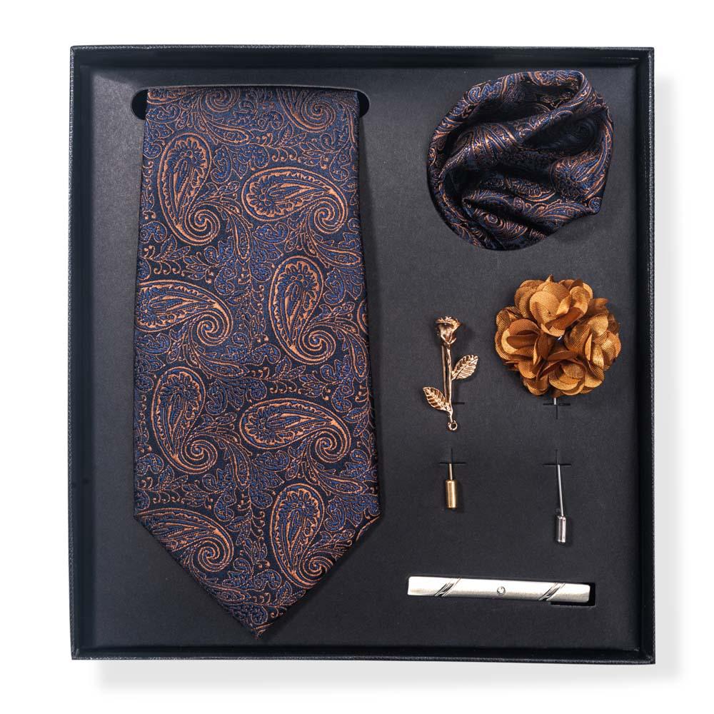 Paisley-Blumen-Krawatten-Geschenkset: Enthält Krawatte, Einstecktuch, Manschettenknöpfe, Ansteckblume und Krawattennadel in einer sechsteiligen Schachtel
