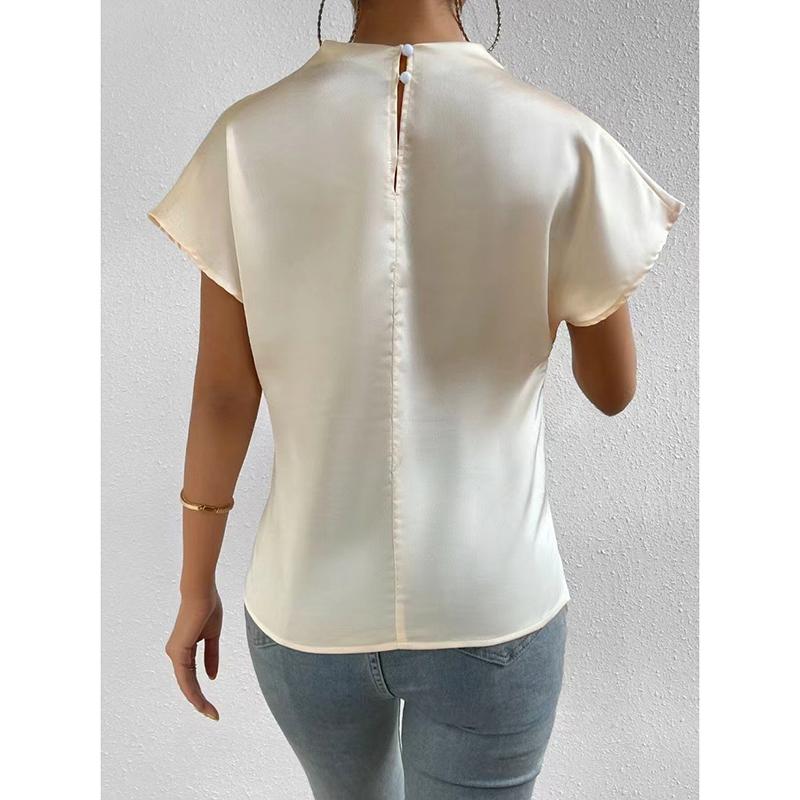 New Summer Round Neck Short Sleeve Pleated Casual Shirt for Women Fashion Elegant Tops Slim Fit Solid Loose Women Blouses Simple Ladies Shirts 26524