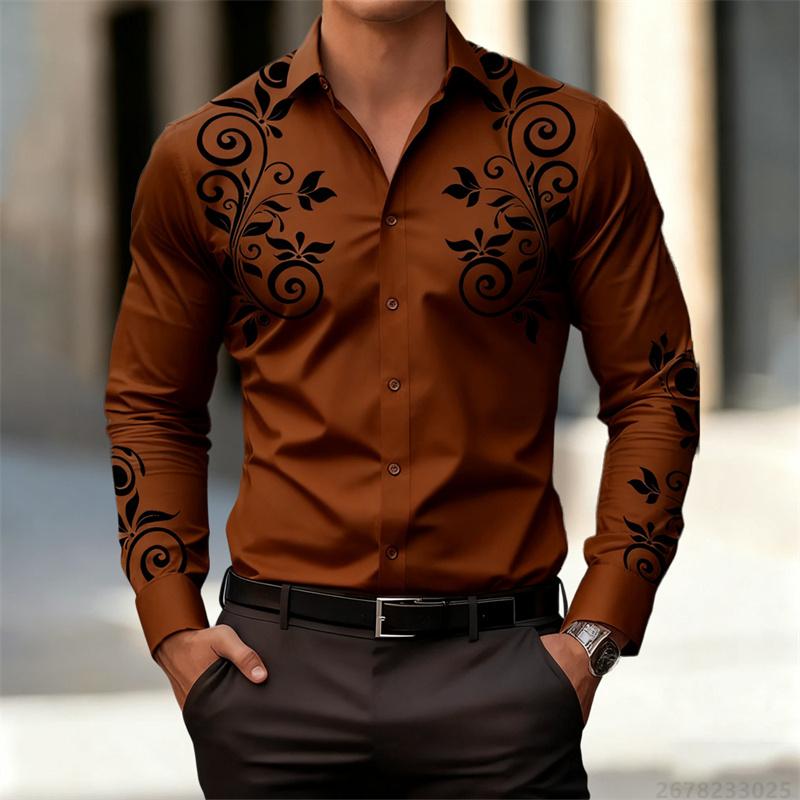 Men's Retro Art Pattern Long Sleeve Shirt Fashion Slim Lapel Personalized Print Shirt Multiple Colors Optional Men's Tops