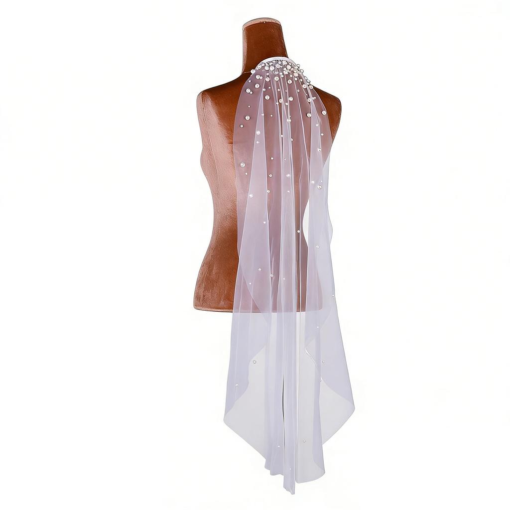 Seethrough Sheer Bridal Veils with Pearls Rhinestones Beadwork Chapel Veils for Wedding Ceremony Gathering Bride Essential
