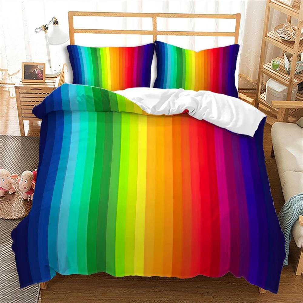 Colorful Stripes Rainbow Bedding Set Soft Comfortable And Breathable Duvet Cover Set 3Pcs Bedclothes Wonderful Gift For Children