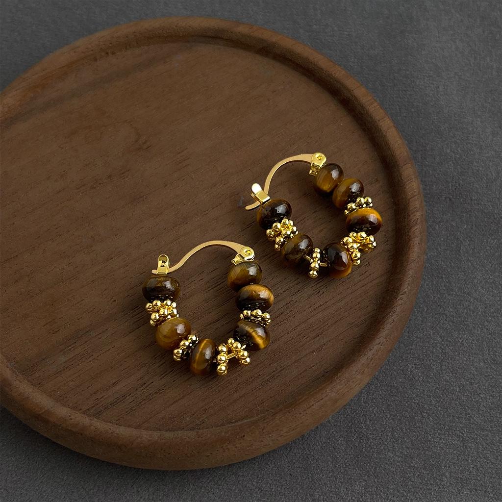 Retro Melaard Tiger's Eye Handmade French Light Luxury Stud Earrings for Women