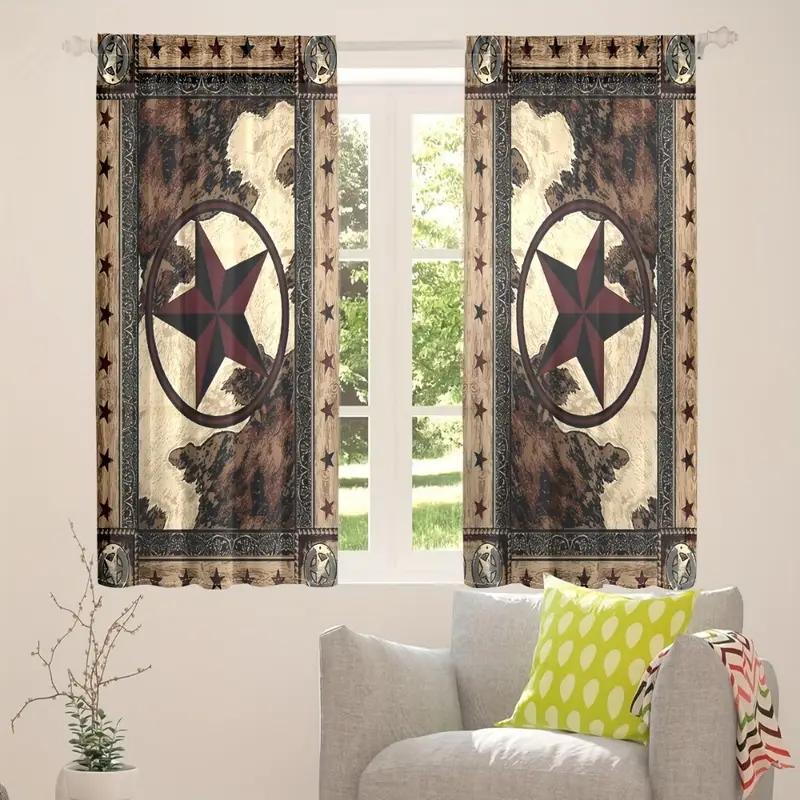2PCS Retro Star Wen Printed Curtains, Polyester Material Design with Rod Bags, Bedroom, Home Decoration