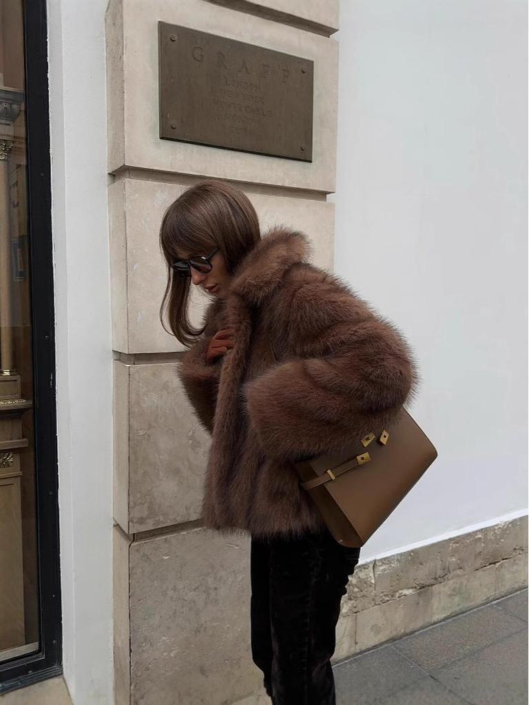 Khaki Faux Fur Long Sleeve Coat - 2025 European/American Autumn/Winter Fashion, Turn-Down Collar, Versatile Style.