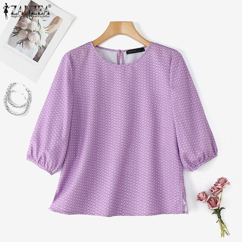 ZANZEA Women Casual Round Neck 3/4 Sleeve Loose Print Blouse