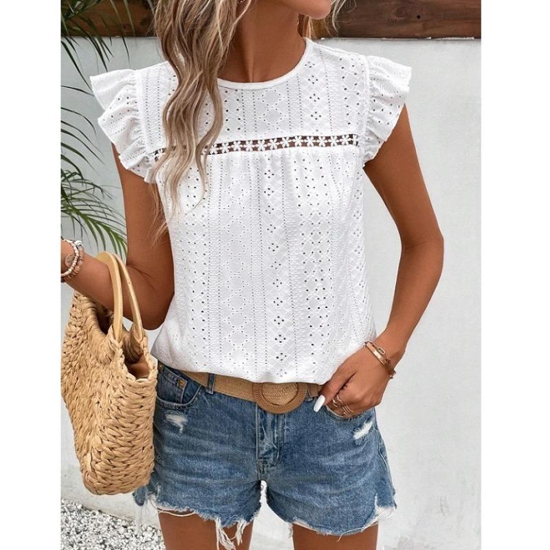 Summer New Round Neck Hollow Loose Lace Shirts Women Elegant Solid Ruffled Short Sleeve Casual Blouse Women Tops Slim Fit Vintage Fashion Shirt 26600