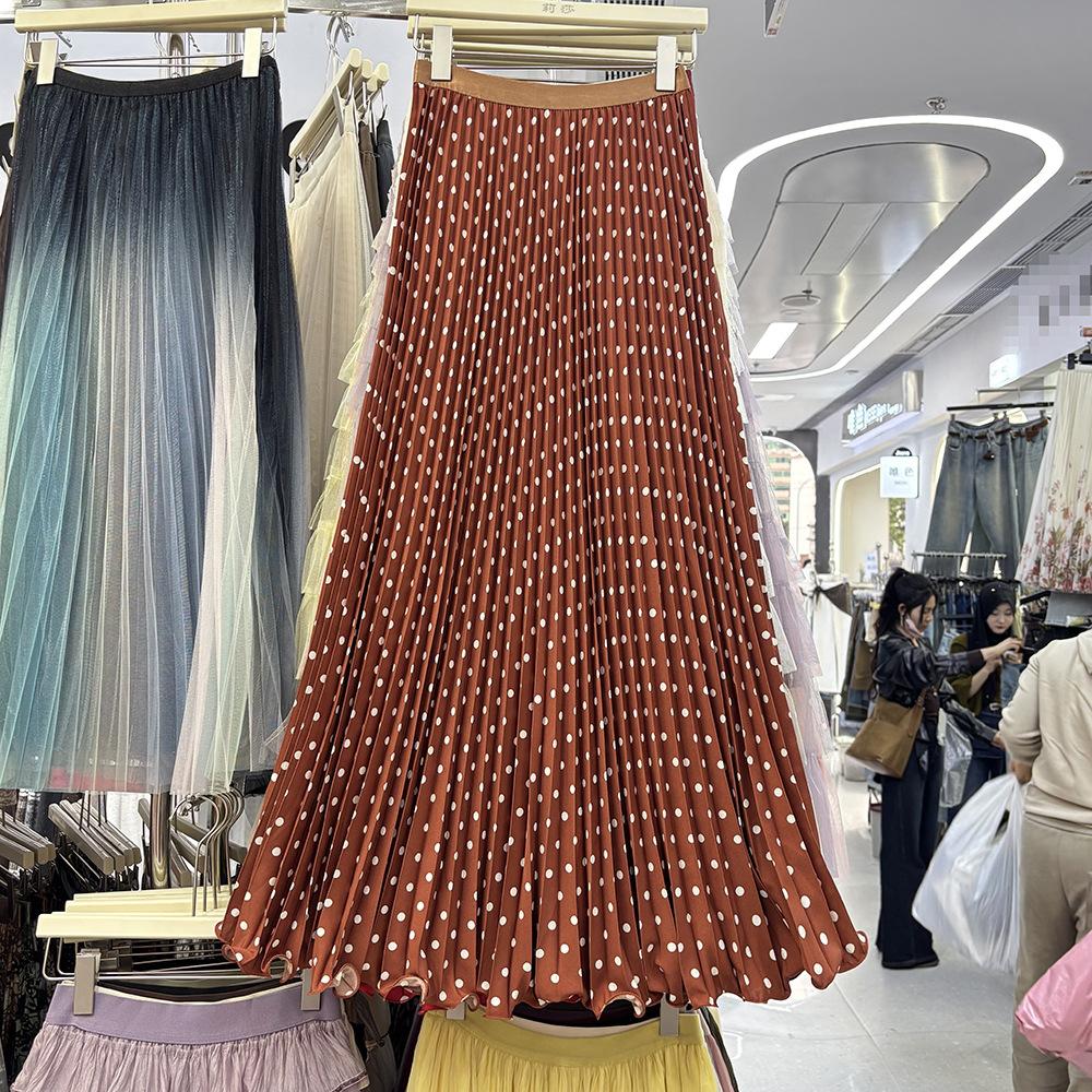 

New polka dot skirt women s high-waisted A-shaped long hemmed skirt polka dot pleated fishtail skirt skirt skirt One size fits all brick червоний колір