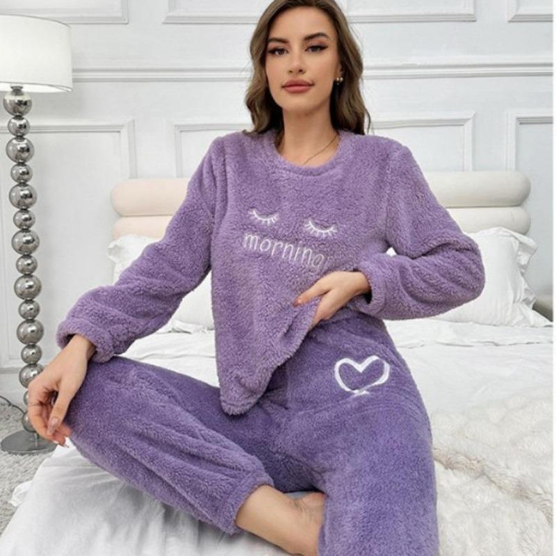 Women's Fluffy Pajama Set - Casual Round Neck Long Sleeve Embroidered Letter Pattern - Teddy Fluffy Casual Pajamas for Winter Warmth, Top and Pants