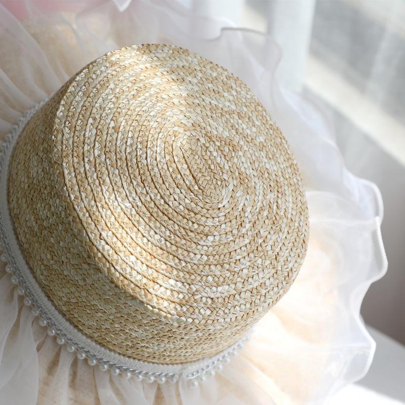 Summer Pearl Lace Mesh Hat Women's Straw Straw Hat Street Photography Styling Beach Hat Elegant Flat Top Hat