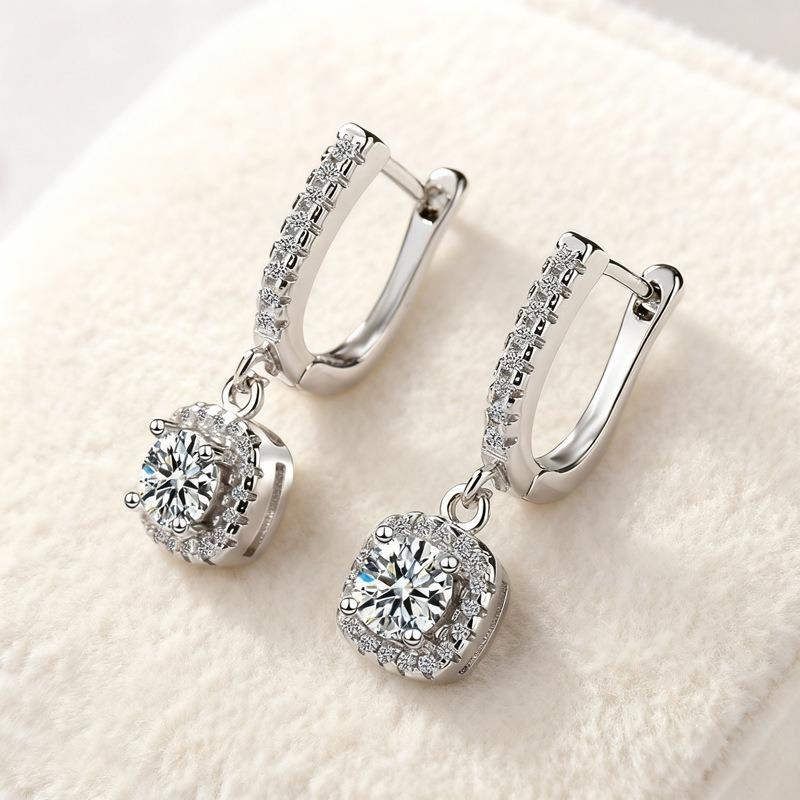 Shiny Zircon Hoop Earring for Women Girls 925 Silver Geometric Square Pendant Earrings Exquisite Party Jewelry Gifts