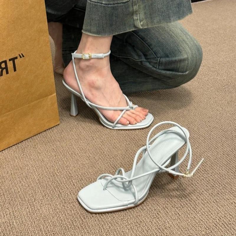 Women's fashion sandals square head fine heel ankle buckle strap open toe high heels soft bottom temperament strap Roman shoes