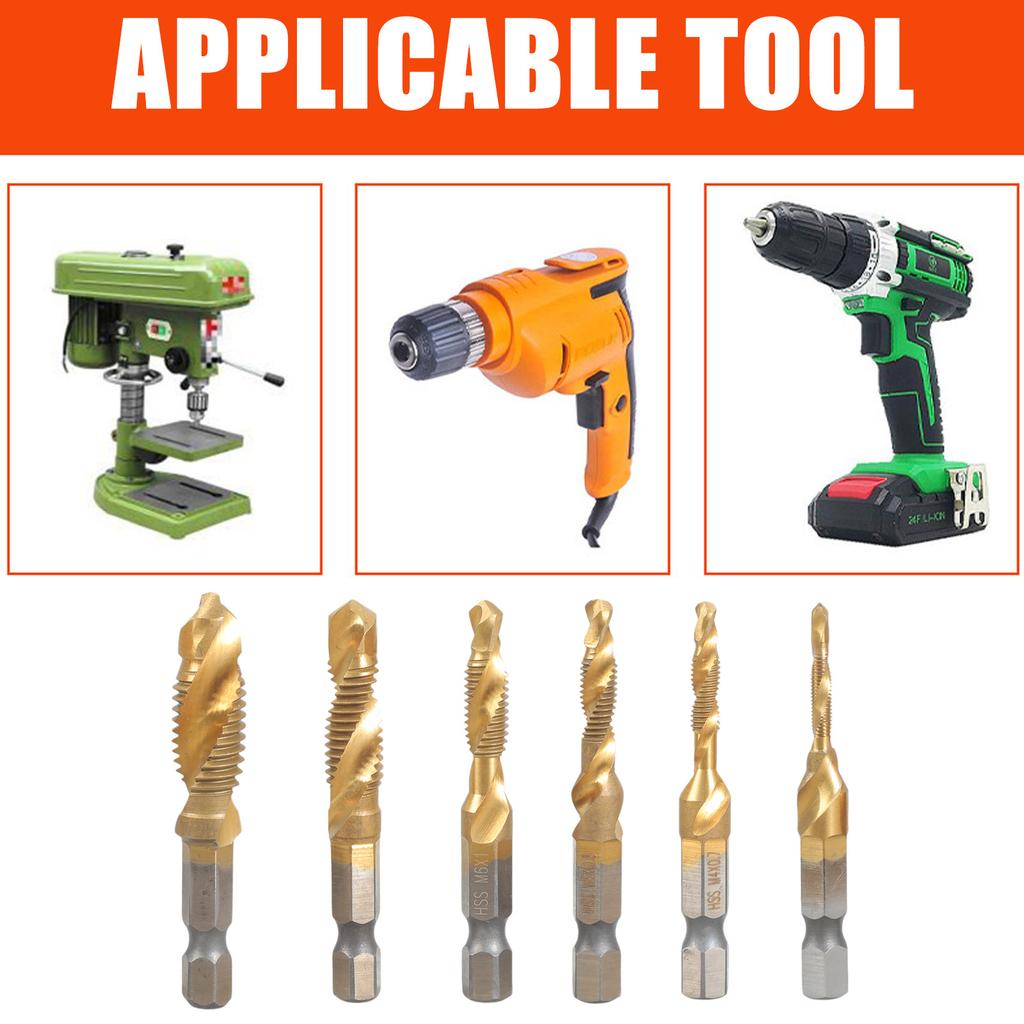 6Pcs High Speed Steel Composite Tap Drill and Tap Drill Bit Integrated Machine Tap Open Chamfer Tool Set Replacement