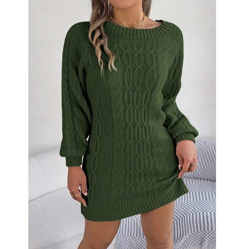 Vintage O-Neck Twisted Knitted Dress Casual Lantern Long Sleeve Sweater Dress Elegant Warm Solid Womens Knitwear Vestidos 29889