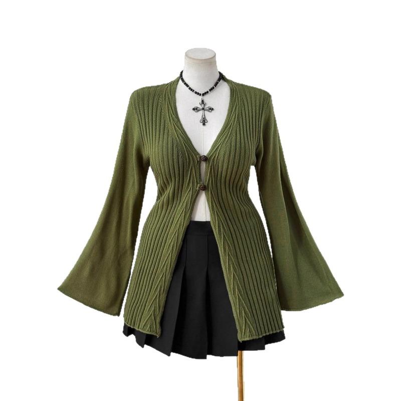 A New Knitted Sweater with Deep V, Slimming and Form-fitting Flared Sleeves and Button Cardigan
