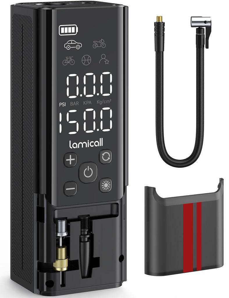 Lamicall Electric Car Tire Motorcycle Air Compressor with 5000mAh Large LED Maximum Pressure of 150 Silicone Extension and Storage Compatible with