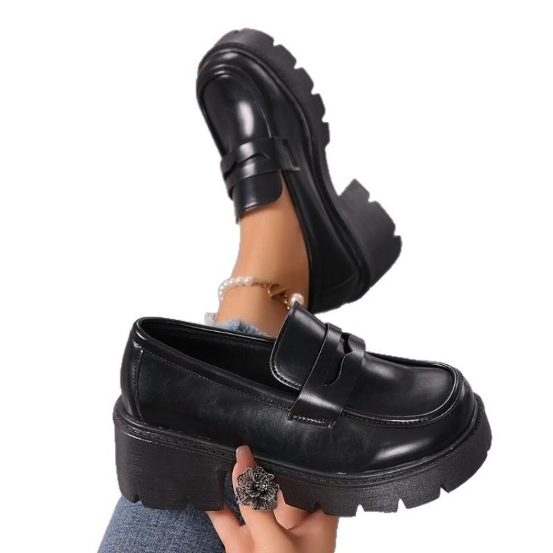 New Thick-soled Leather Shoes, One-foot Thick-heeled Shoes, Round-toed Mid-heeled Women's Shoes