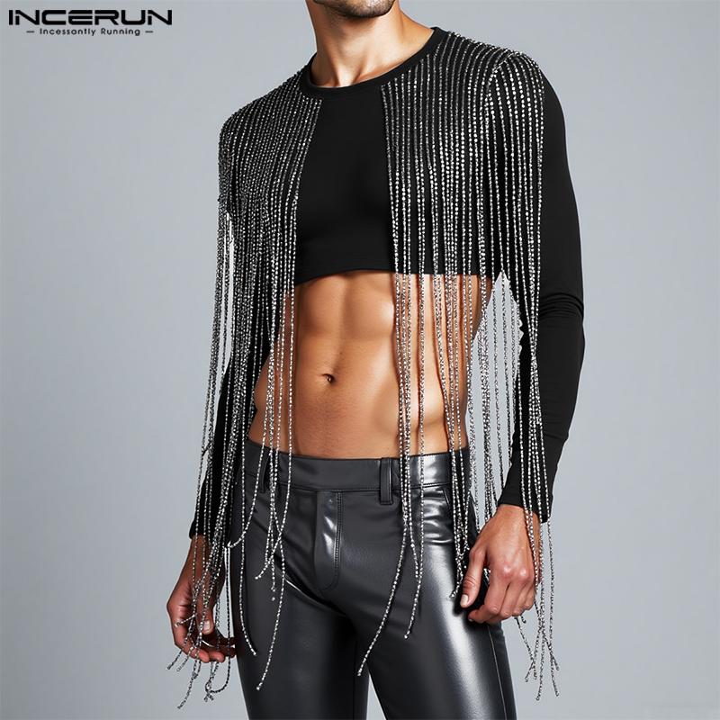INCERUN Men O Neck Long Sleeve Front Glitter Tassel Short Crop Tops
