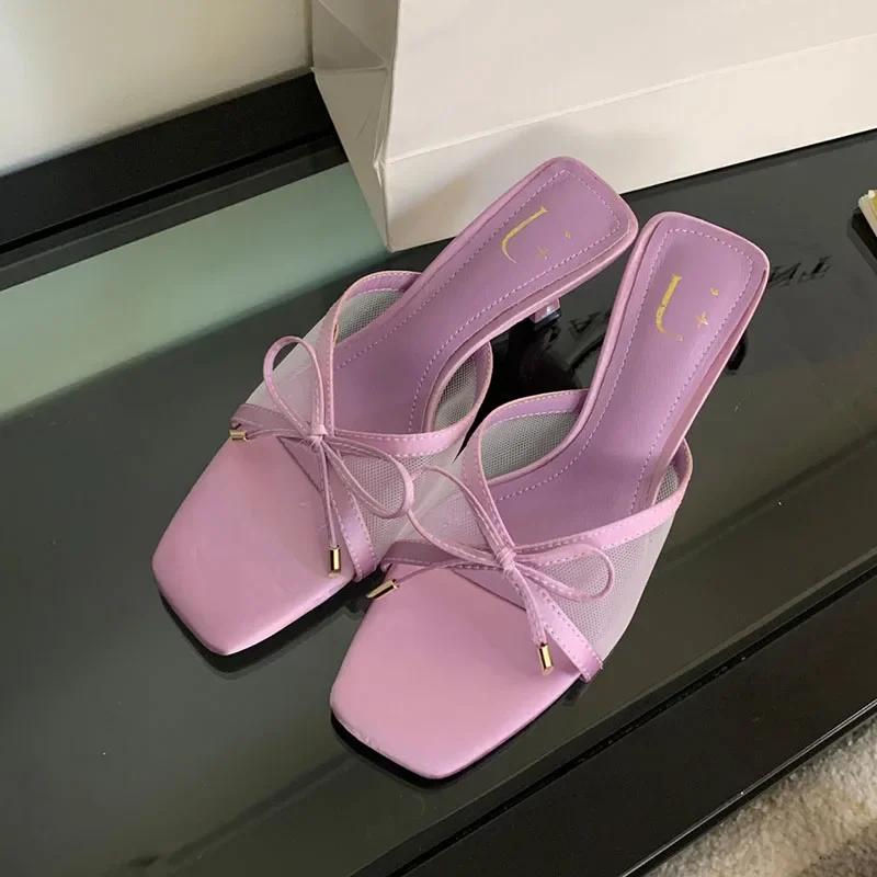 

Fashion Sweet Butterfly-knot Decoration Mesh Slippers Women Fashion Open Toe Square Toe Slide Sandal Luxury Designer Brand Sandals Women 35 фиолетовый