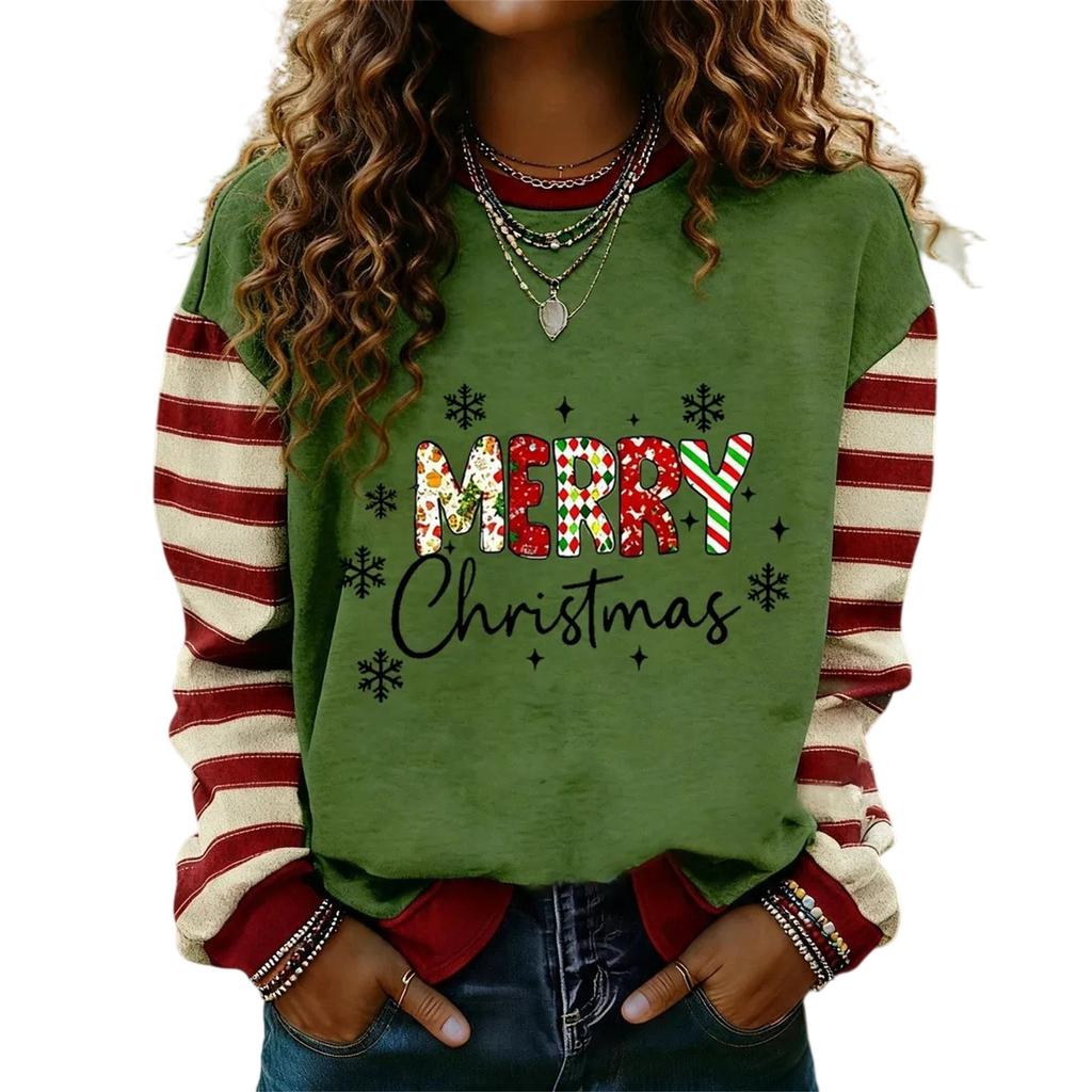 Women's Long Sleeve Christmas Print Neck Pullover Sweatshirt Casual Winter Top