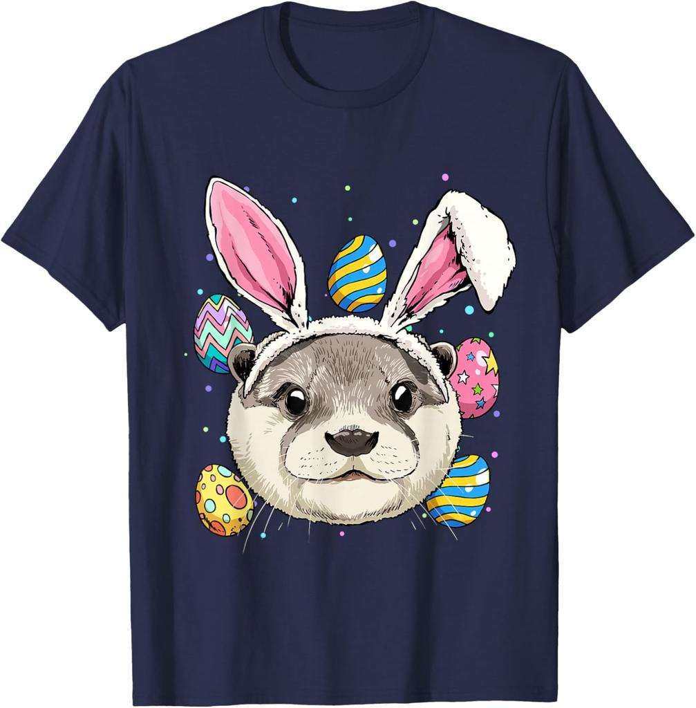 Otter Bunny Easter Eggs Graphic Tee Men Casual Vacation Trip Animal Lover T-Shirt