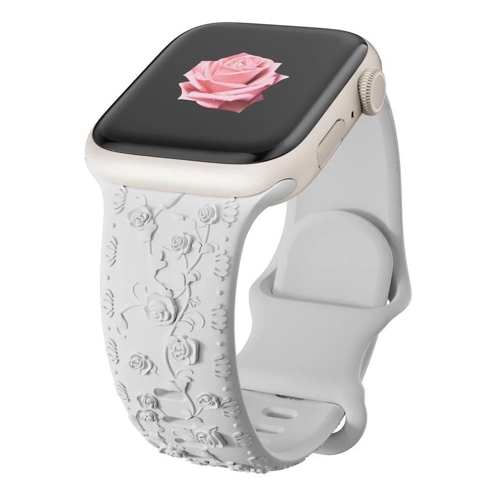 Floral Engraved Strap For Apple Watch Band 40mm 44mm 41mm 49mm 45mm 38mm 42mm Silicone Bracelet Iwatch Series 9 7 Se 6 8 Ultra 2
