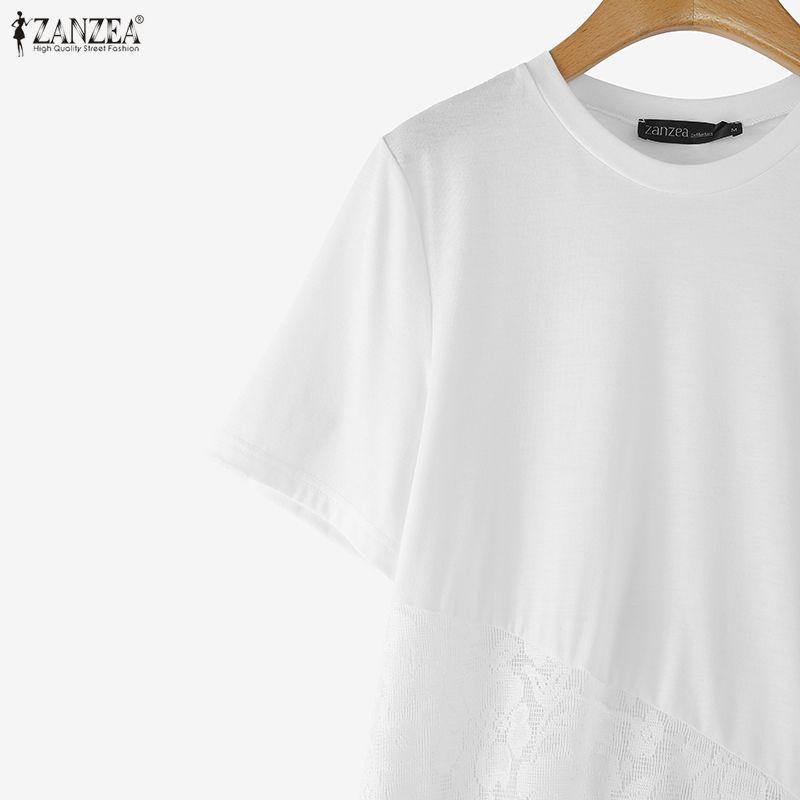 ZANZEA T-shirt Lunghe Casual da Donna Estive con Maniche Corte e Girocollo, Cuciture in Pizzo Irregolare
