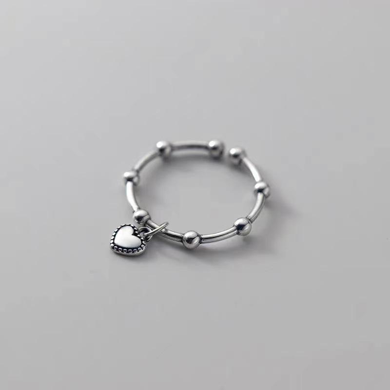 S925 Silver Retro Adjustable Geometric Heart Ring for Women: Japanese-Korean Style with Light Bead Accent
