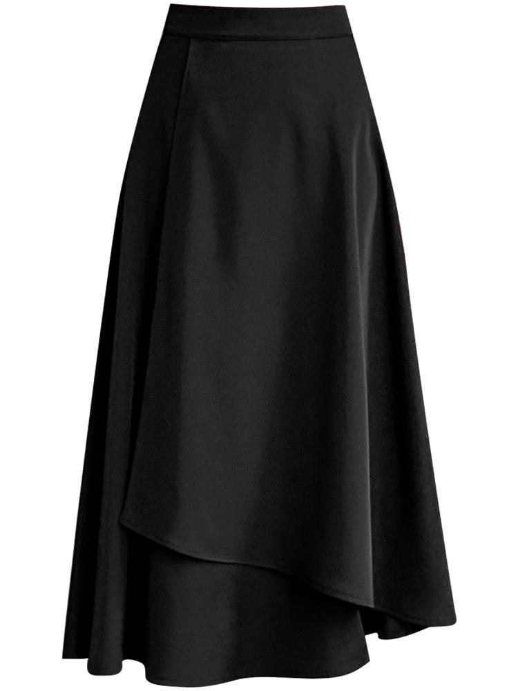 Women's Black A-Line Spring Skirt: High-Waist, Irregular Hem, Large Size with Hip-Covering Umbrella Design