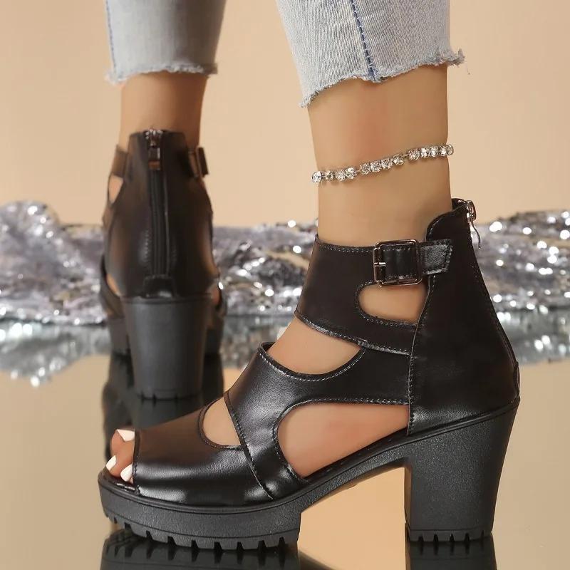 2025 Summer Women's Peep Toe Sandals Platform Buckle Chunky Heels Back Zip Sandals for Plus Size Retro Daily Dress Shoes