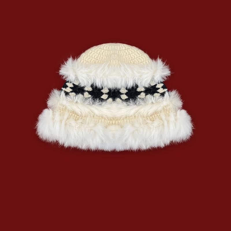 Autumn and winter new red lion hat women's warm versatile face small bucket hat cute rabbit hair handmade knitted hat