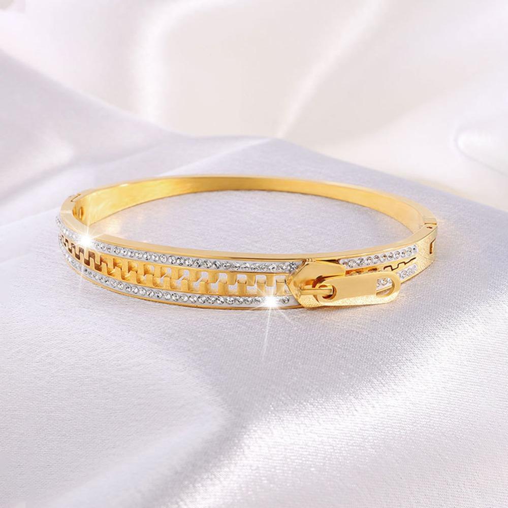 Shiny Zipper Bangle Vintage Zip Titanium Steel Hand Chain Exquisite Crystal Bracelet  Unisex