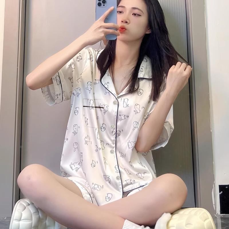 Sweet Girl Ice Silk Pajamas Women'S Summer Cute Milk Rabbit Short-Sleeved Shorts Niche Loungewear Set