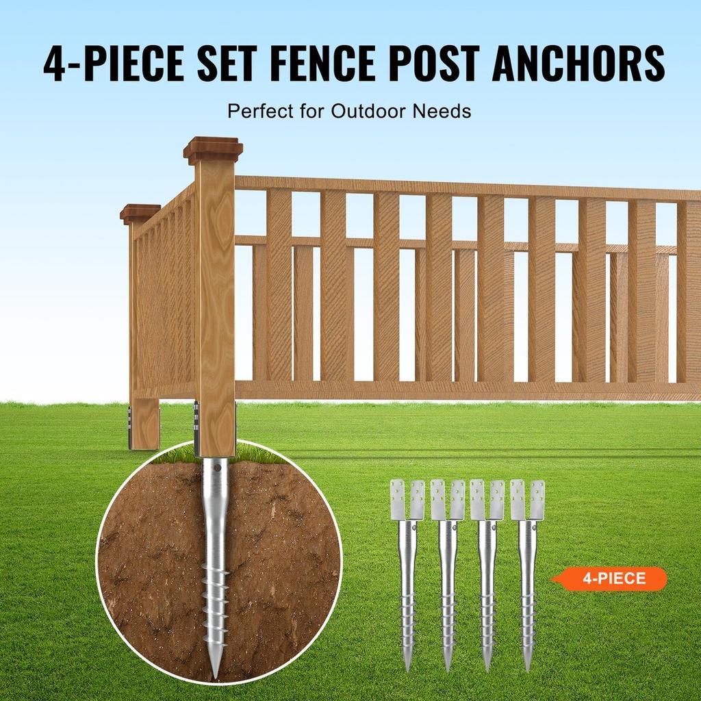 No Dig Ground Anchor, 4 Pack 3.94 X 2.76 X 27.56 In DIY Screw In Post Stake, Includes 6 Lag Bolts & a Rebar, U-Shape Heavy Duty Steel Post Holder,