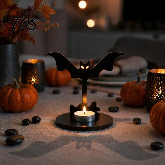 Solid Metal Silhouette Decor Halloween Wooden Candle Holder, Black Hollow Crow Spider Tealight Display Unique Tea Light Holder Stand, Gothic Tabletop