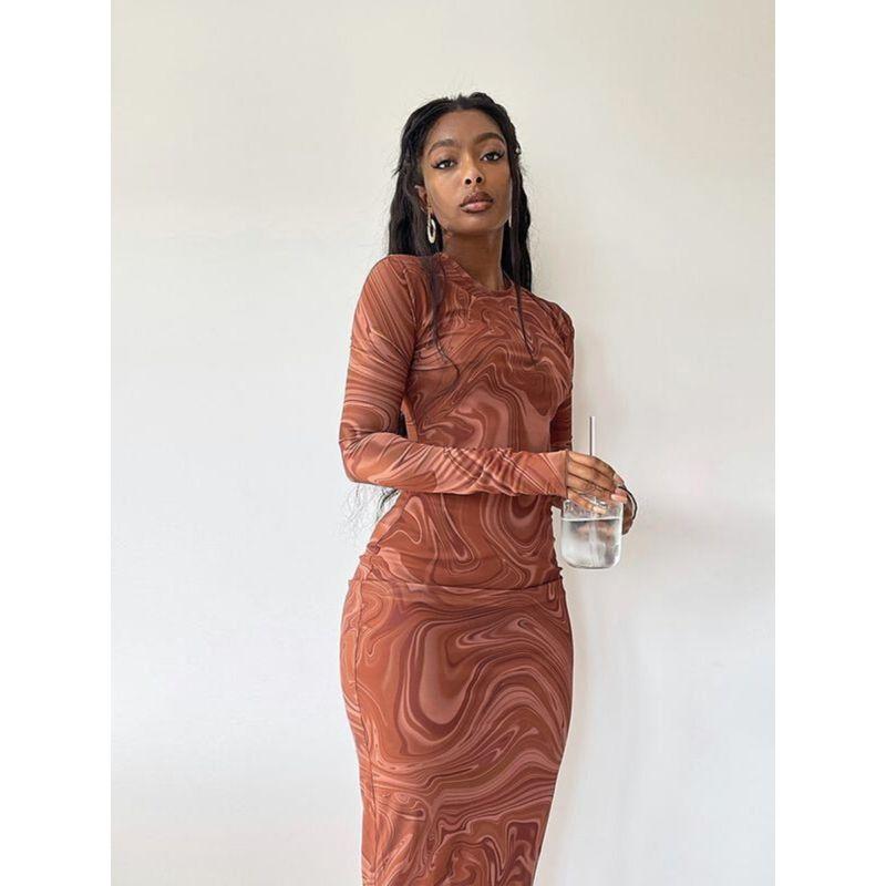 Fashion Style Cross-Border 2024 Autumn Fashion round Neck Print Silm Sheath Long Sleeves Dress Long Dress for Women Dress