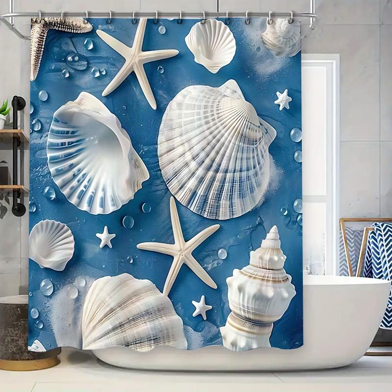 

Blue Ocean Theme Shower Curtain With Shells And Stars Design - Waterproof And Durable Bathroom Decor Elevate Space Easy-Clean W60H190(CM)-1 Pcs