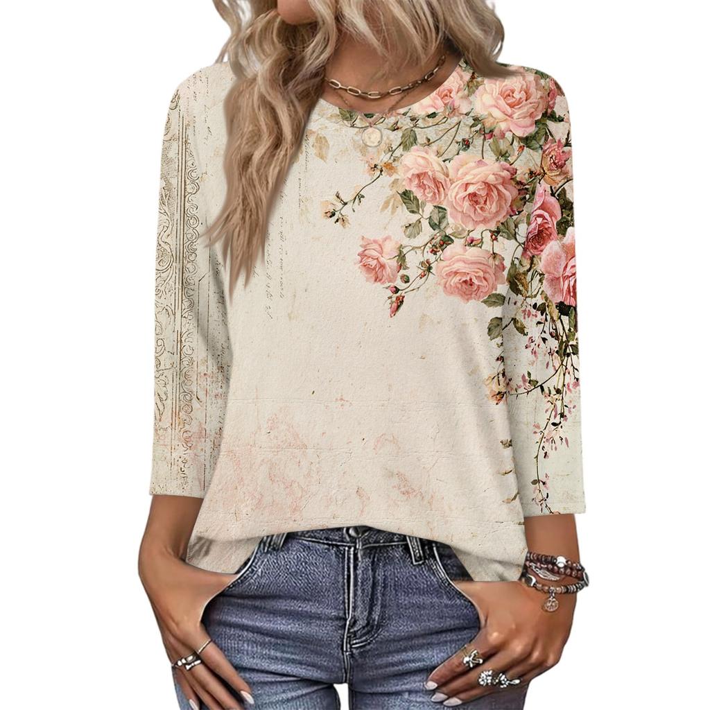 343/4 Sleeve Shirts For Women Cute Print Graphic Tees Blouses Casual Plus Size Basic Tops Pullover