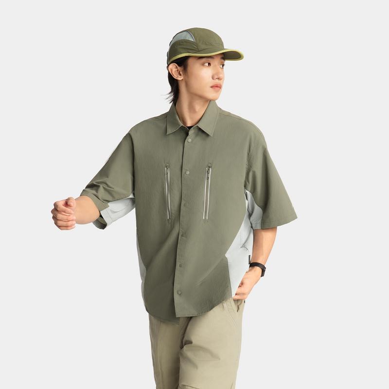 Li Ning CF Sport Casual Simple Loose Color Block Short Sleeve Shirt Men Shirts Green ASHV051-3