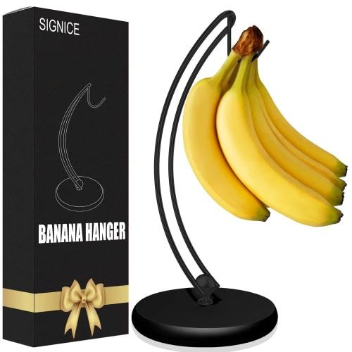 Signice Banana Holder Stand - Patented Modern Banana Tree Hanger with Wooden Base and Stainless Steel, Non-Toppling Banana Rack for Home Kitchen (Full