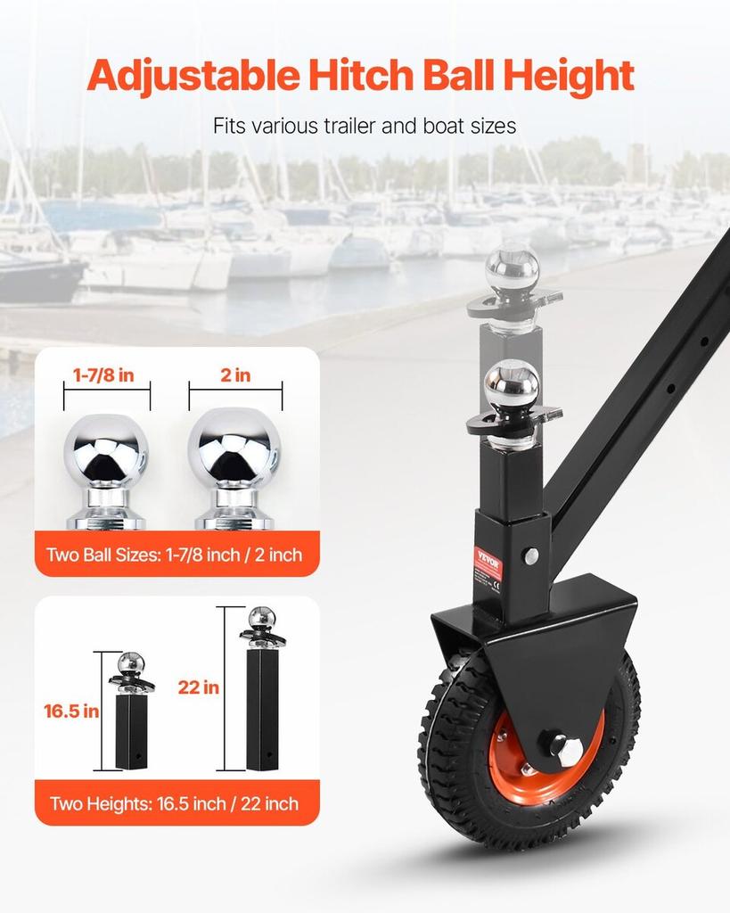300lbs Adjustable Trailer Dolly 16.5 and 22 in Height 1-7/8 and 2 in Balls