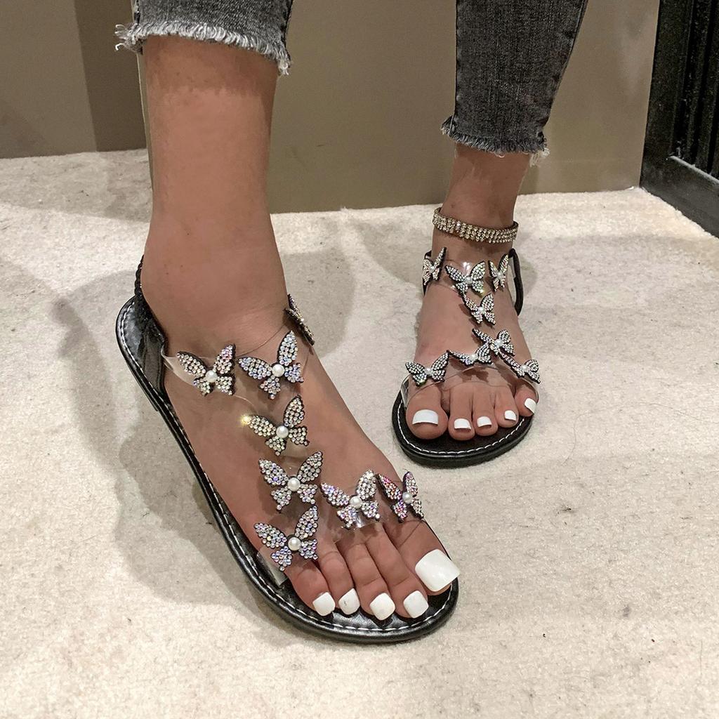 Wide Width Sandals For Women 10w Ladies Summer Rhinestones With Butterfly Flowers Flat Clear Line With Plus Sandalias De TacóN