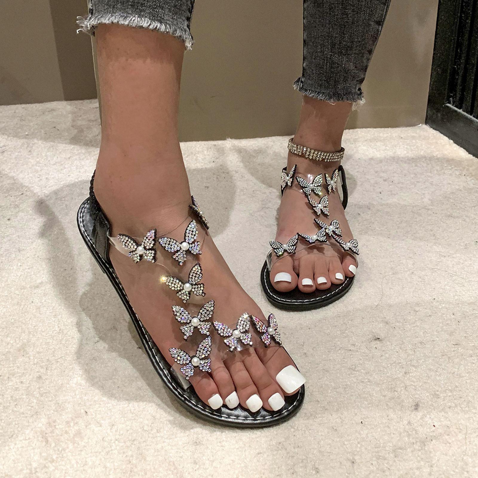 

Широкие босоножки для женщин 10w Летние женские со стразами с цветами-бабочками На плоской подошве Прозрачная линия с Плюс Босоножки на каблуке 39 чёрный