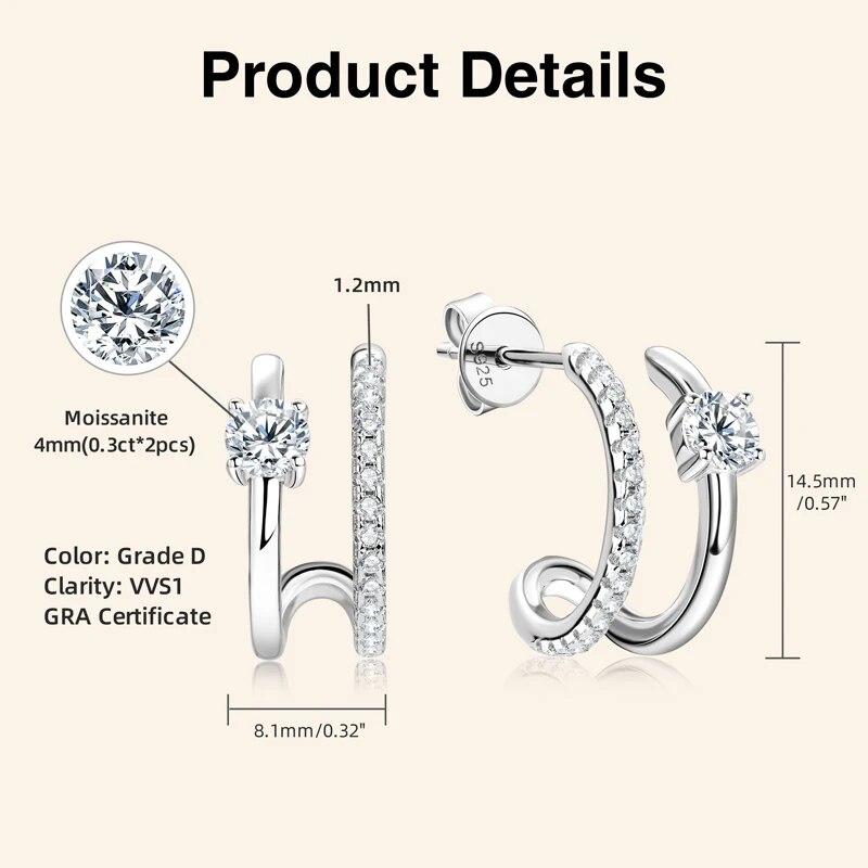 D Moissanite Stud Earrings for Women Girls 925 Silver Original Certified Jewelry Half Hoop Huggie Open C Shaped Earrings