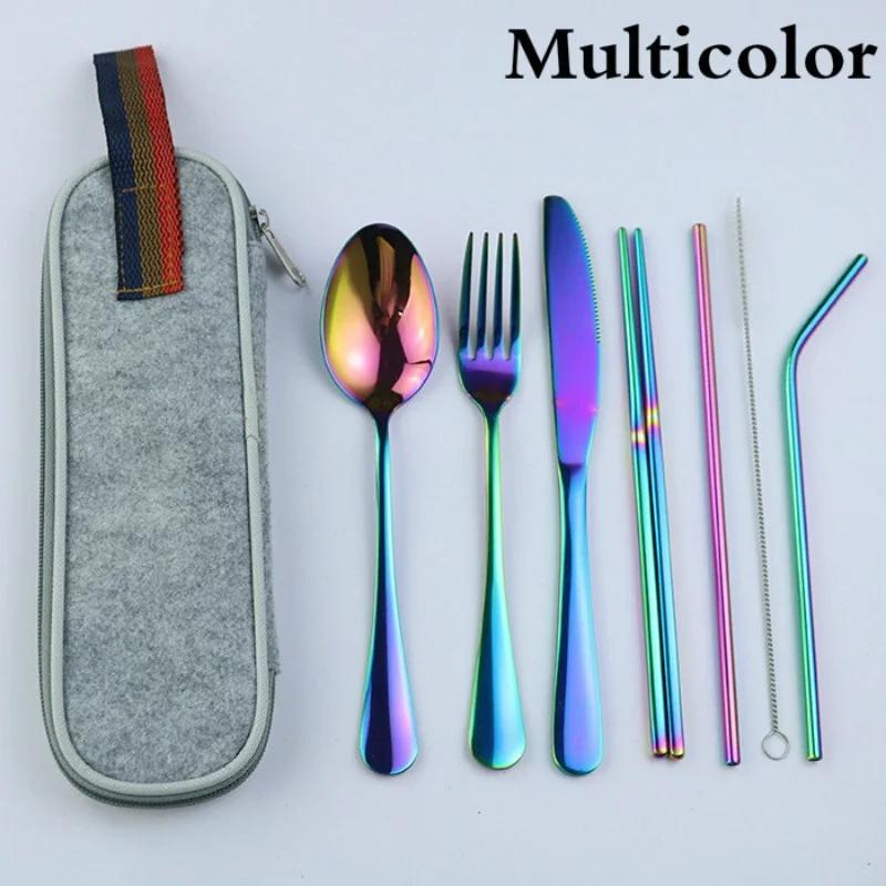 Dinnerware Travel Camping Cutlery Set Reusable Straw Spoon Fork Chopsticks Portable Case Multicolor Kitchen Tableware Tools