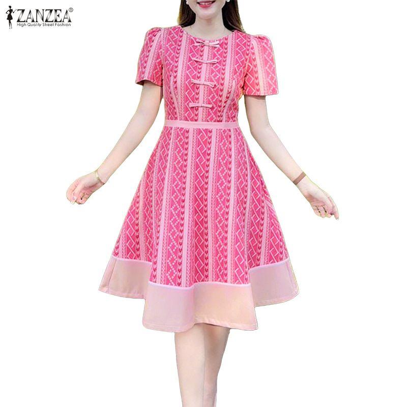 ZANZEA Women Casual Round Neck Short Sleeve Print Dress