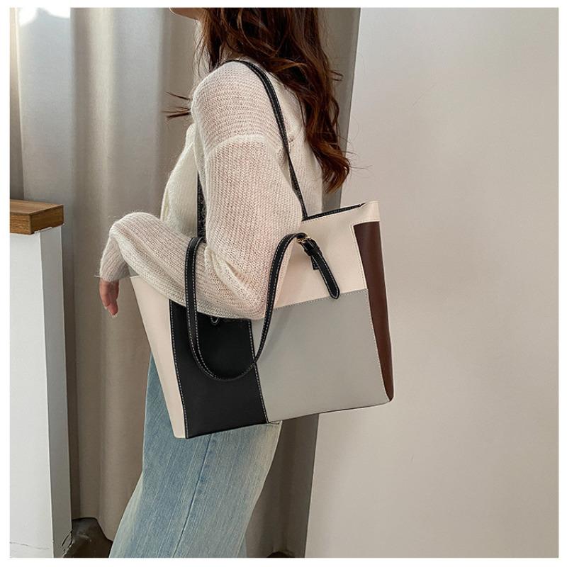 Korean Style Color Blocking Large Capacity Tote Bag Trendy Fashion Shoulder Handbag Casual Shopping Bag for Women CLE