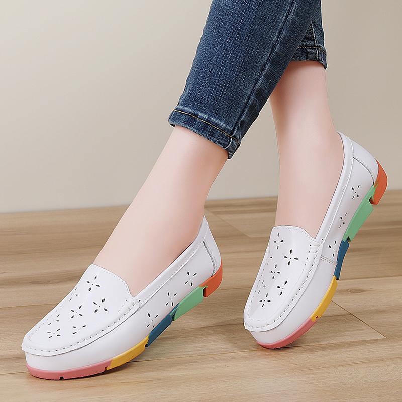 Women’s Moccasins Summer Loafers White Leather Driving Flats Casual Slip on Soft Nurse Shoes Black Walking Shoes