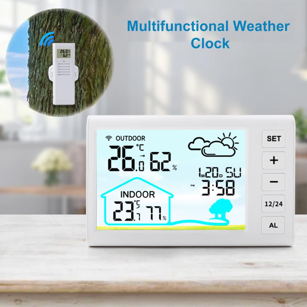 Wireless Weather Station Indoors Outdoors Temperature Display Clock Alarm Adjustable Backlight