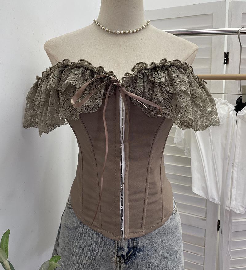 Lace Trim Strapless Tank Top with Tie-Up Bow and Chest Pads One Size