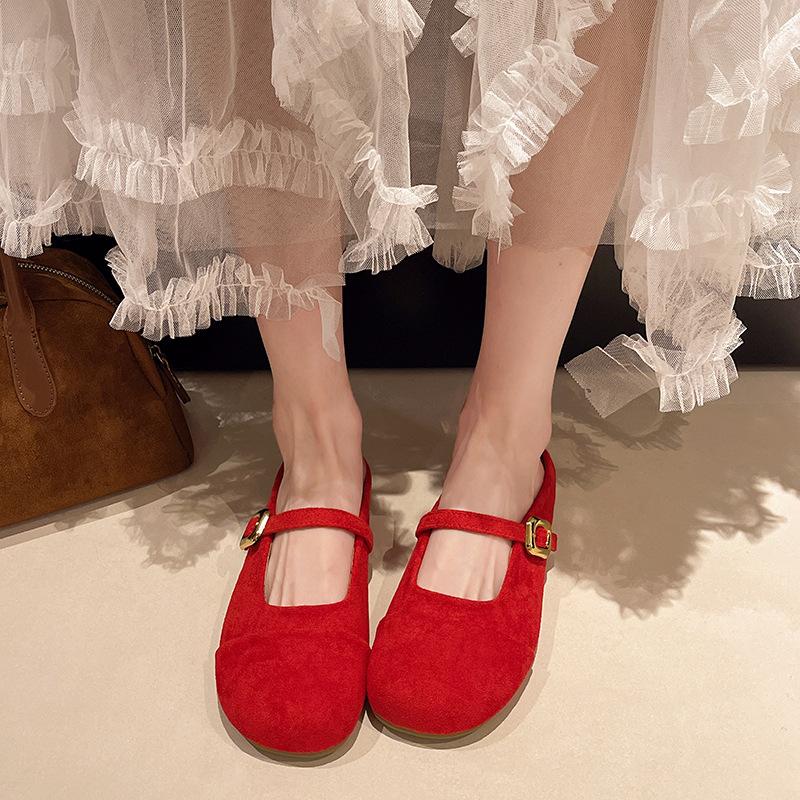 Shallow Mouth Red Bag Head Dragging Girl Spring and Autumn New Retro Suede Mary Jane Flat Bottom